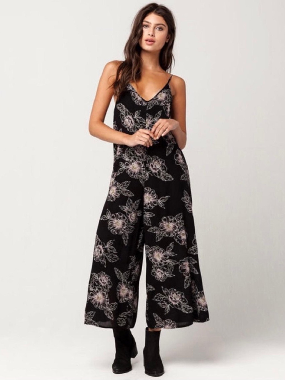 Amuse Society‎ Serene Wms Black Lilac Crinkle Gauze Wide Leg Boho Jumpsuit S